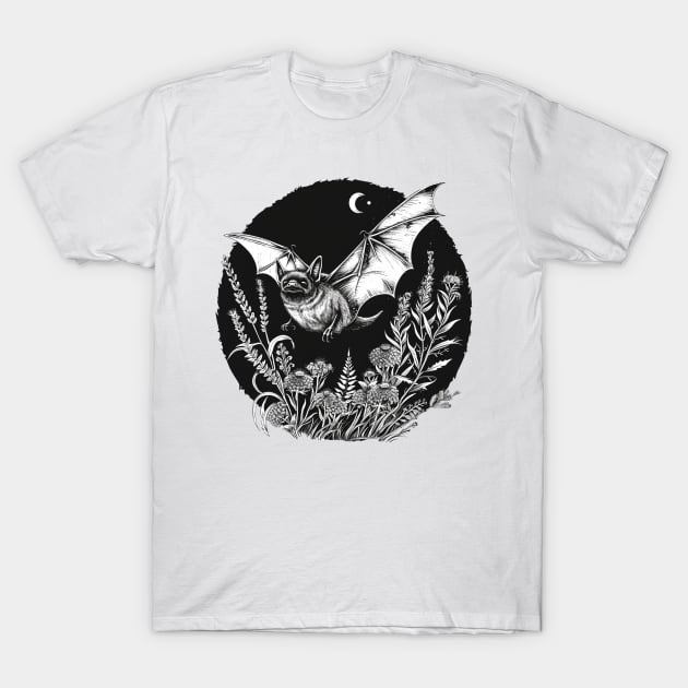 Flying Gothic Bat Witchy Moon & Plants T-Shirt by LunaElizabeth